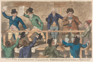 Ein Plakat, das zwei Gruppen von Menschen zeigt, die vor einem hölzernen Zaun stehen, wobei eine Person ein Papier hält, und Text unten, der "Zwei Paare von Kandidaten vorgeschlagen an die unabhängigen Wähler von Mittel-Sex" liest.