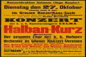 Ein gelbes Plakat, das ein Konzert in Berlin, Deutschland, ankündigt, mit dem Text 'Konzert Halban-Kurz'.
