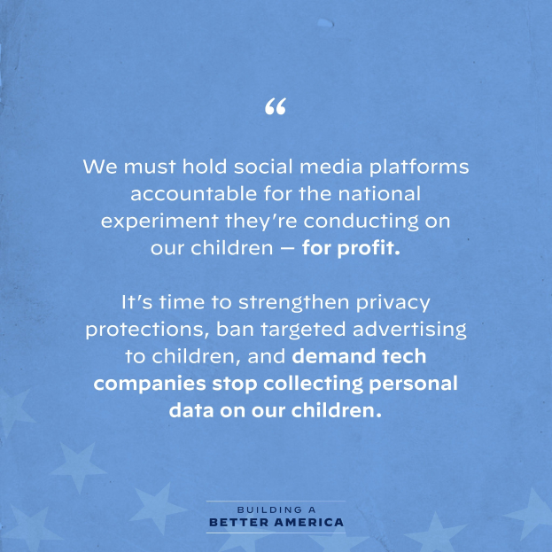 Plakat mit einem Zitat aus "Building a Better America", das besagt, dass soziale Medien-Plattformen für das Experiment, das sie an Kindern durchführen, zur Rechenschaft gezogen werden müssen, verziert mit Sternen.
