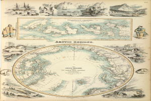 Altes Buch geöffnet zu einer detaillierten Karte des arktischen Gebiets mit Illustrationen von Menschen, Tieren und Text.