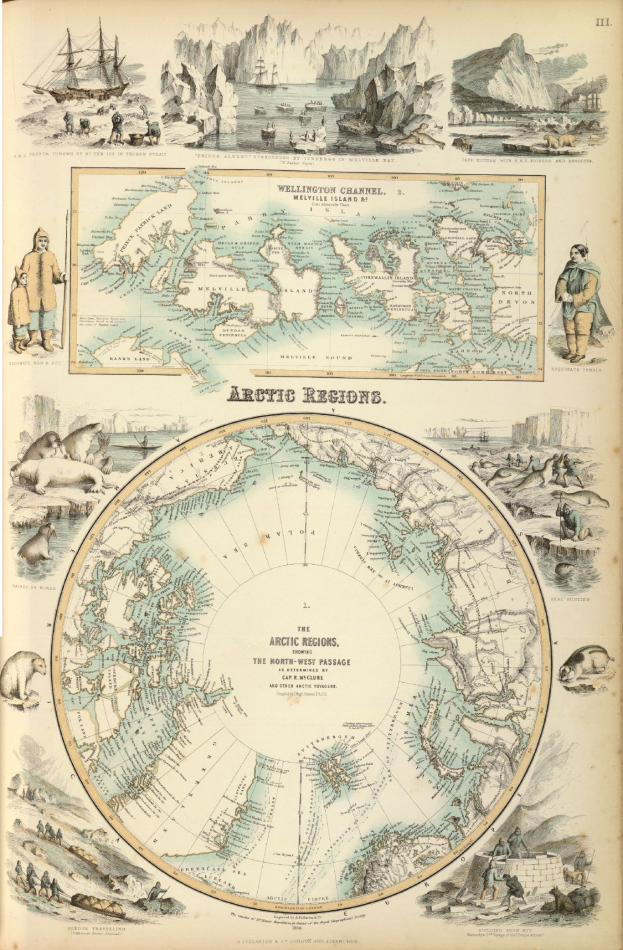 Altes Buch geöffnet zu einer detaillierten Karte des arktischen Gebiets mit Illustrationen von Menschen, Tieren und Text.