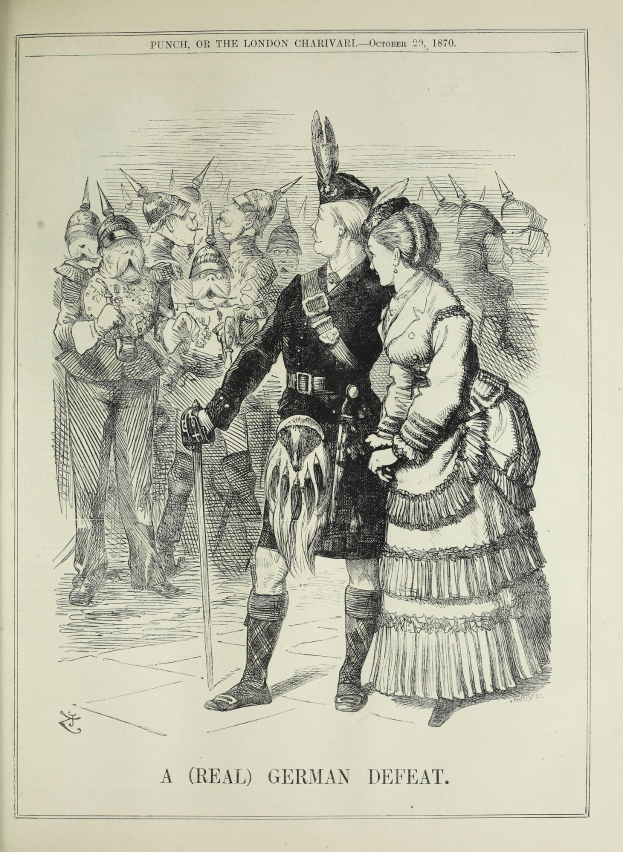 Zwei Personen stehen vor einer Menge, eine hält einen Stock in der Hand, auf einem Papier mit deutschen Verlustdetails.