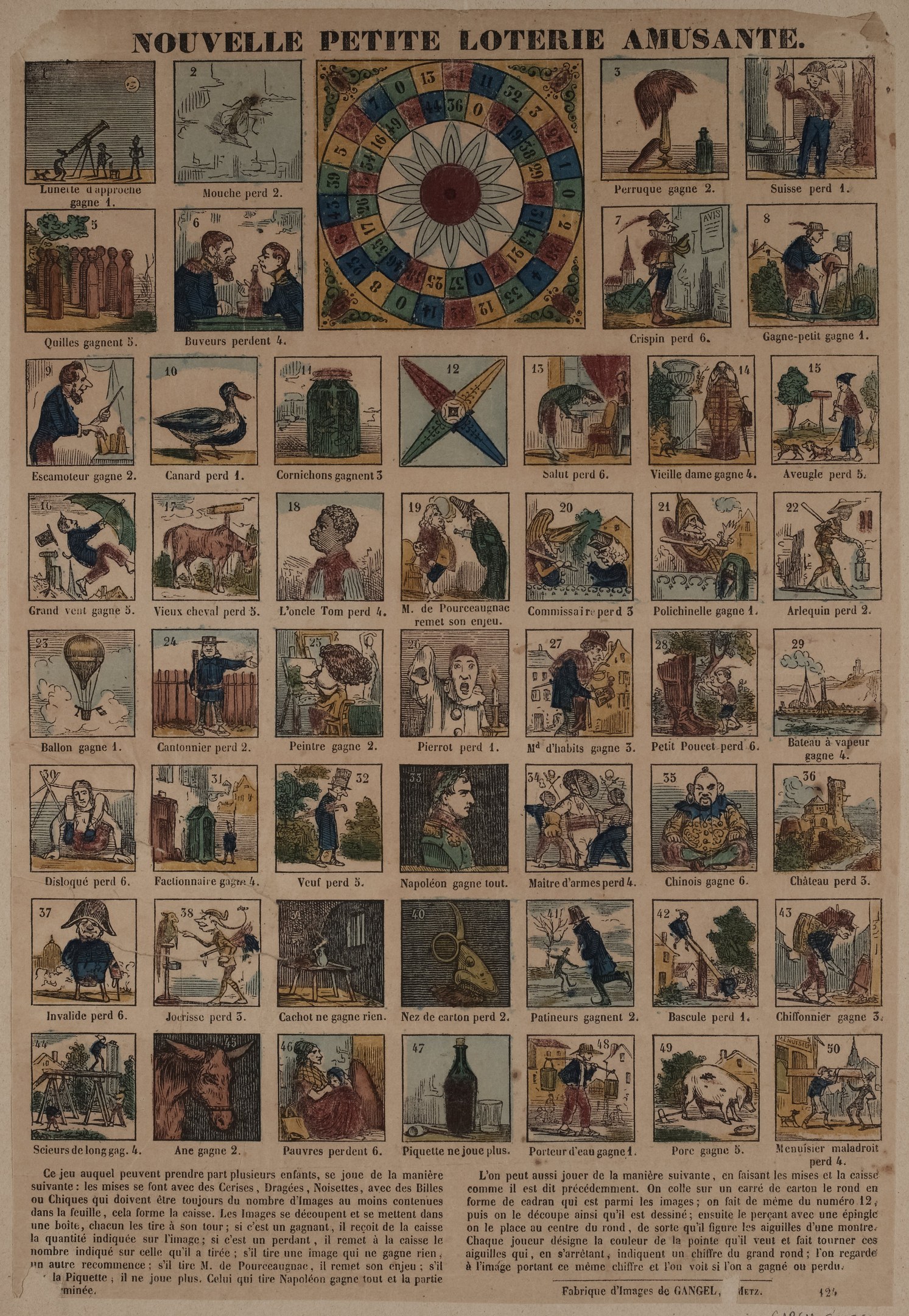 Ein altes Buch mit einer Abbildung eines Glücksrades, umgeben von Text.