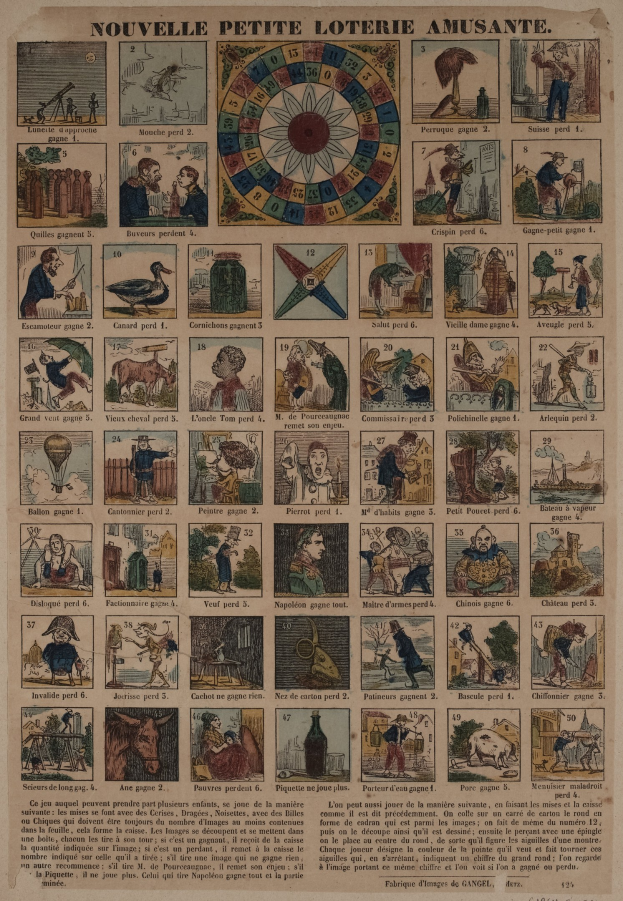 Ein altes Buch mit einer Abbildung eines Glücksrades, umgeben von Text.