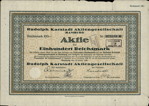 Eine alte deutsche Banknote mit schwarzem Hintergrund und der Aufschrift "Rudolph Karlstadt Aktiengesellschaft Hamburg"
