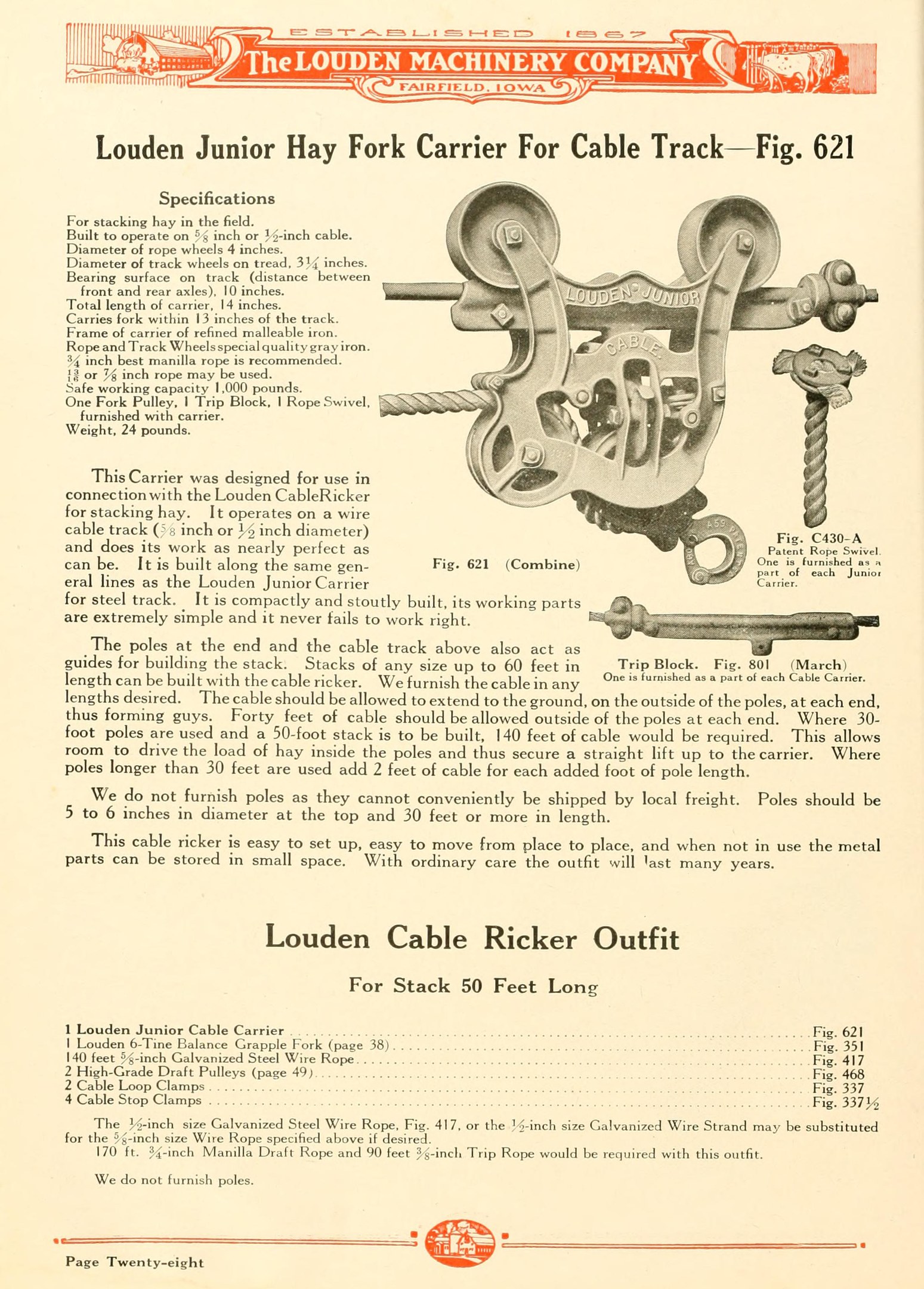 Werbung für den Louden Junior Heugabelträger für Seilbahn, mit Abbildung des Geräts und seiner Beschreibung.