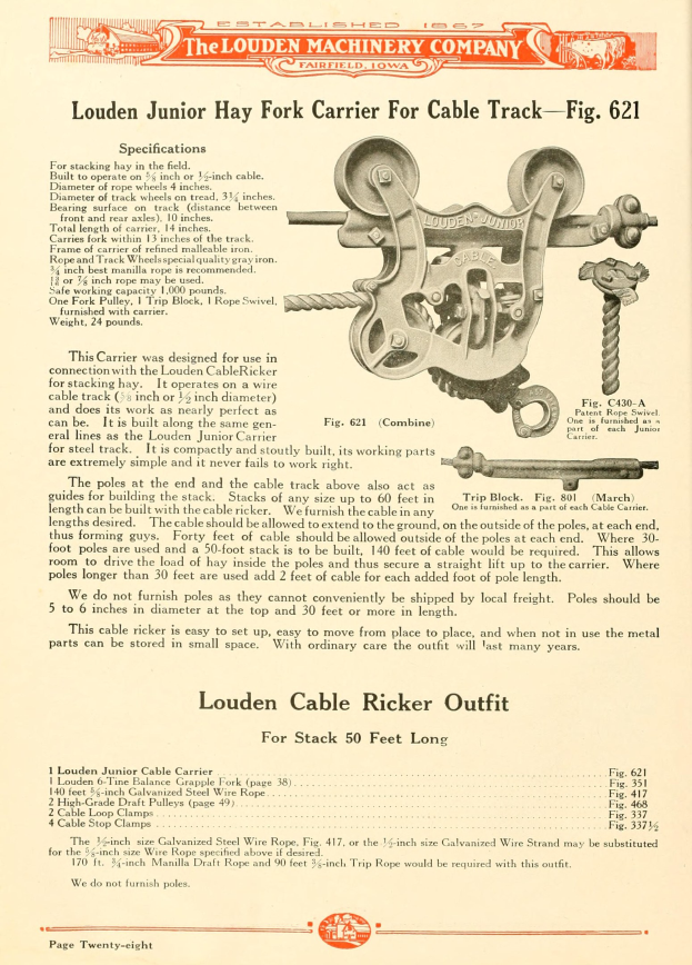 Werbung für den Louden Junior Heugabelträger für Seilbahn, mit Abbildung des Geräts und seiner Beschreibung.