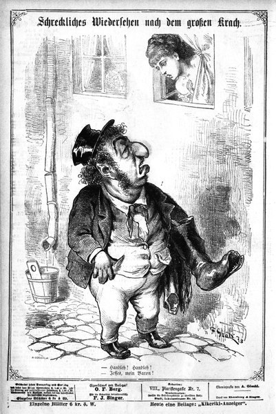 Cartoon-Illustration eines Mannes mit Zylinder und einer Frau in einem Kleid, mit einer Wand, einem Fenster, einem Eimer und anderen Gegenständen im Hintergrund, begleitet von Text unten, der "F. J. Singer, der erste deutsche Politiker, der in den Kongress gewählt wurde" lautet.