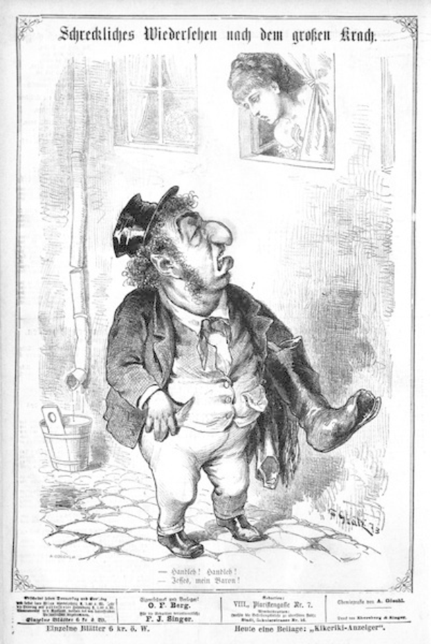 Cartoon-Illustration eines Mannes mit Zylinder und einer Frau in einem Kleid, mit einer Wand, einem Fenster, einem Eimer und anderen Gegenständen im Hintergrund, begleitet von Text unten, der "F. J. Singer, der erste deutsche Politiker, der in den Kongress gewählt wurde" lautet.