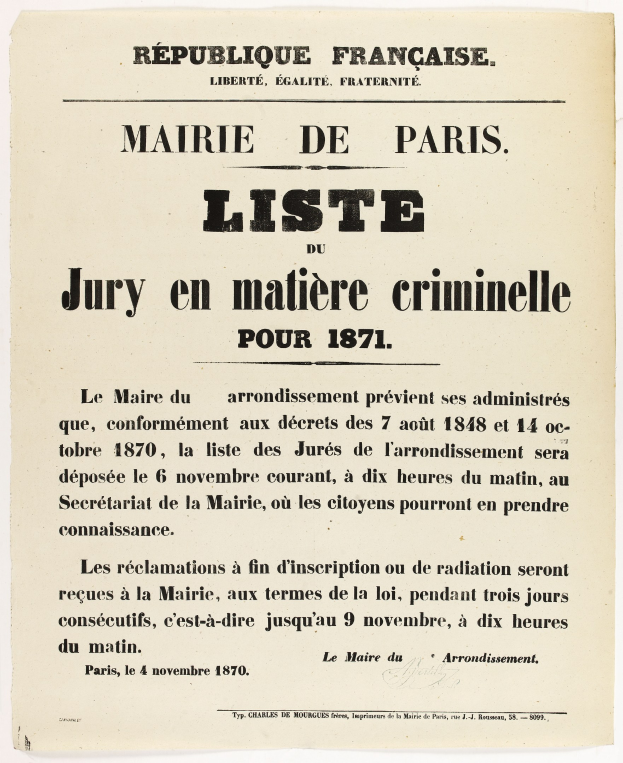 Schwarze und weiße Zeitungsanzeige für die 'Marie de Paris Liste Jury en Matiere Criminelle' aus dem Jahr 1871, enthaltend Text mit Liste der Jurymitglieder.