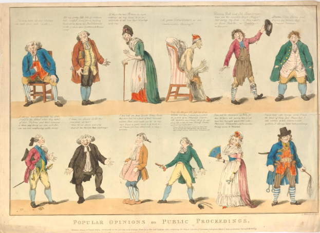 Ein Blatt mit Fotos von Menschen und handgeschriebenen Notizen, die öffentliche Meinungen zu Verfahren zusammenfassen.