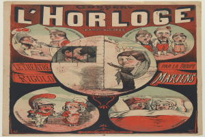 Plakat für ein Konzert im Chorloge-Theater in Paris, das eine Gruppe von Menschen in farbenfrohen Kostümen inmitten von Text in einer lebendigen Atmosphäre zeigt.