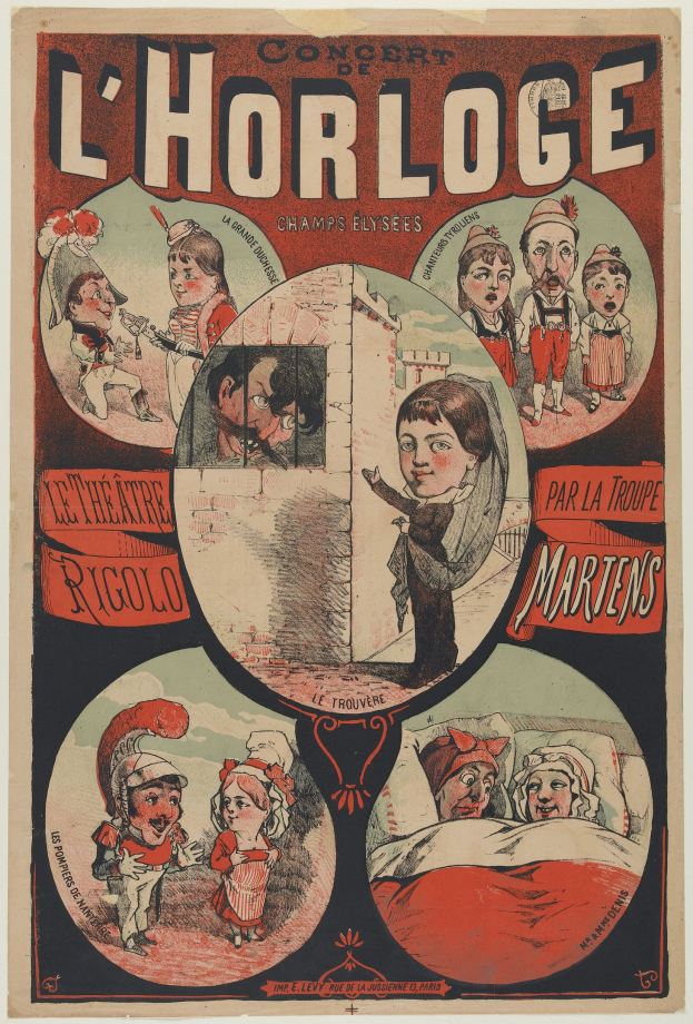 Plakat für ein Konzert im Chorloge-Theater in Paris, das eine Gruppe von Menschen in farbenfrohen Kostümen inmitten von Text in einer lebendigen Atmosphäre zeigt.