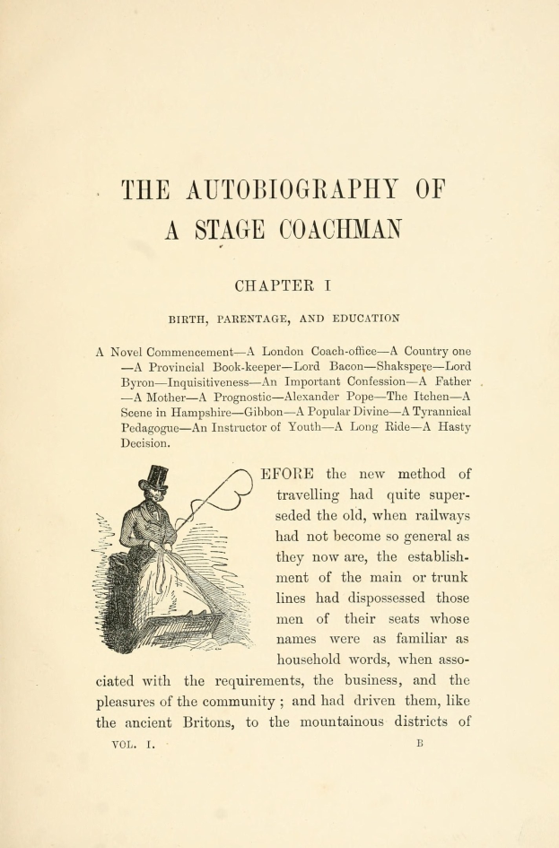 Offenes Buch mit dem Titel 'Die Autobiografie eines Kutschers' zeigt eine Zeichnung eines ernst aussehenden Kutschers in einem Anzug, Hut und mit einer Peitsche und einem Buch.