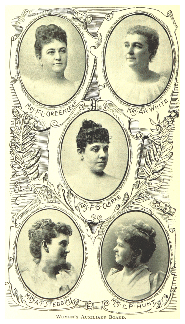 Ein altes Foto von vier Frauen mit verschiedenen Frisuren, jede mit einem menschlichen Gesicht, von Text umrahmt.