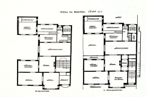 Schwarz-weißer architectural floor plan eines Hauses in Berlin, der Raumanzahl, Abmessungen, Fenster- und Türpositionen detailliert.