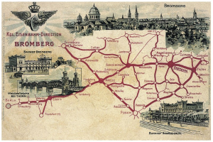 Ausführliches Plakat mit einer Karte von Bromberg, Deutschland, das Stra├čen, Sehenswürdigkeiten, Geb├Ąude, B├Ąume, eine Brücke und informativen Text über die Geschichte und Attraktionen der Stadt zeigt.