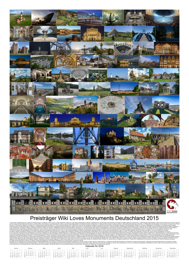 Ein Kalender mit dem Titel "Preisträger Wiki Loves Monuments Deutschland 2015" aus dem Jahr 2015.