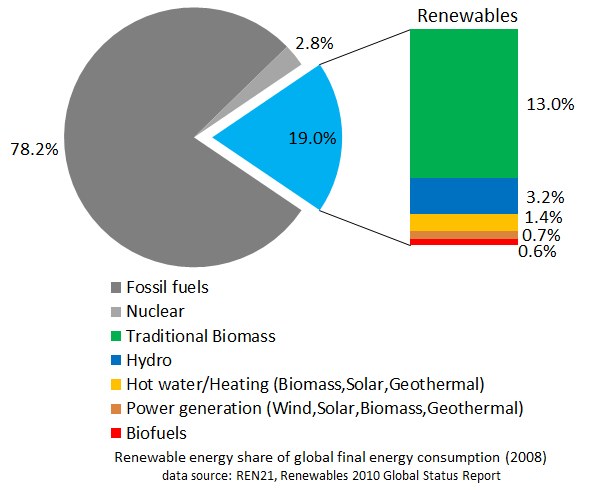 Tortendiagramm, das den globalen erneuerbaren Energieverbrauch im Jahr 2008 zeigt, mit Abschnitten für fossile Brennstoffe, Kernenergie, Wasserkraft, Warmwasserheizung, Biomasse, Solarenergie, Geothermie und Biokraftstoffe.