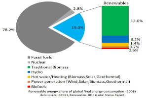 Tortendiagramm, das den globalen erneuerbaren Energieverbrauch im Jahr 2008 zeigt, mit Abschnitten für fossile Brennstoffe, Kernenergie, Wasserkraft, Warmwasserheizung, Biomasse, Solarenergie, Geothermie und Biokraftstoffe.
