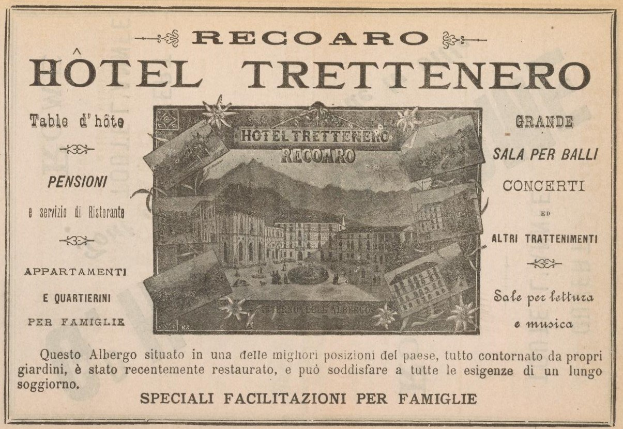 Alte Werbung für das Hotel Trettenero mit einem zentralen Bild des Gebäudes und beschreibendem Text.