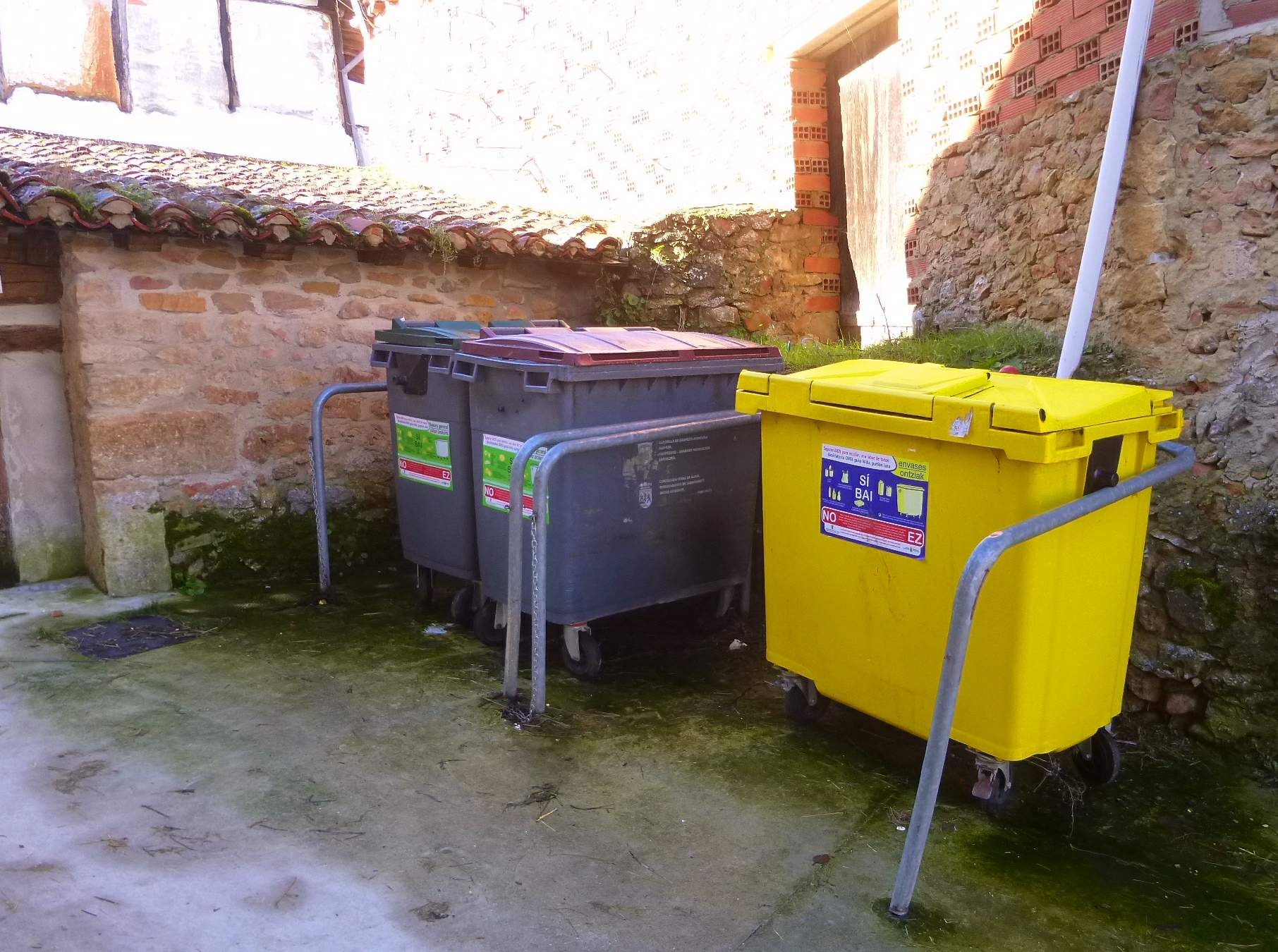 Zwei gelbe und graue Recyclingcontainer auf Rädern nebeneinander vor einem Gebäude mit einer Wand und einem Fenster positioniert.