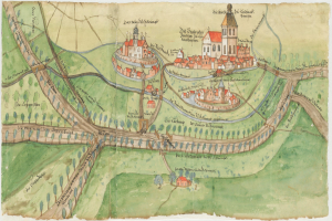 Eine Karte einer Stadt mit einer zentralen Burg, umgeben von Gebäuden, Bäumen, Straßen und Gras, mit zusätzlichem Text, der Details zur Stadt liefert.