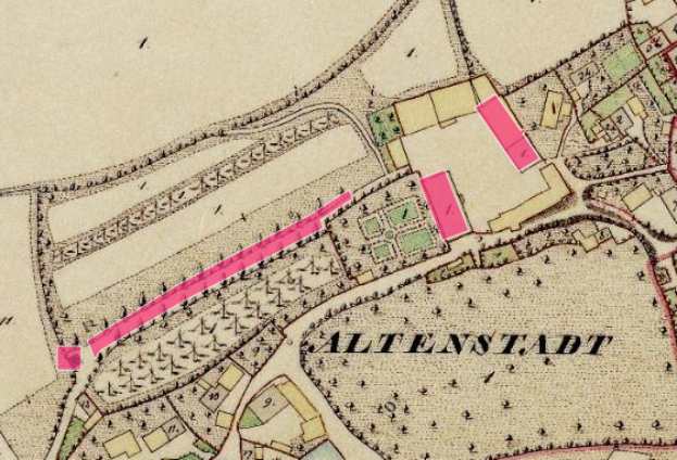 Ein altes Stadtplan von Altenstadt, Deutschland, mit einer pinken Linie, die den geplanten Standort markiert, gefüllt mit beschreibendem Text.