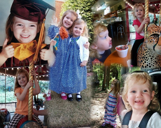 Collage mit lustigen Fahrgeschäften, Kindern, einem Tisch mit Speisen und Besteck, Lichtern, Blättern, einem Seil und einer Mütze.