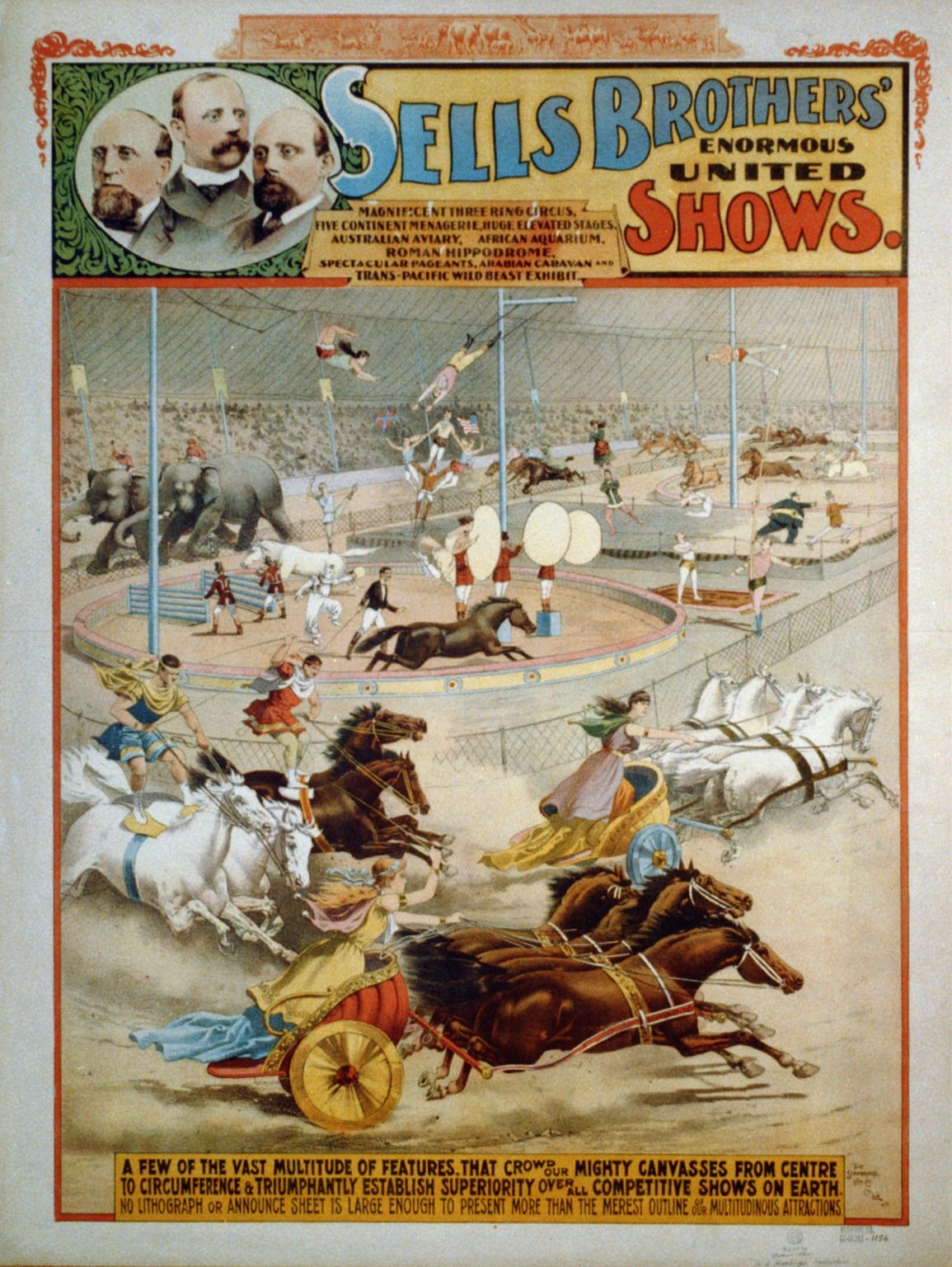 Zirkusplakat, das Sell's Brothers' United Shows ankündigt und Menschen zeigt, die auf Pferden reiten, mit Text, der das Ereignis beschreibt.
