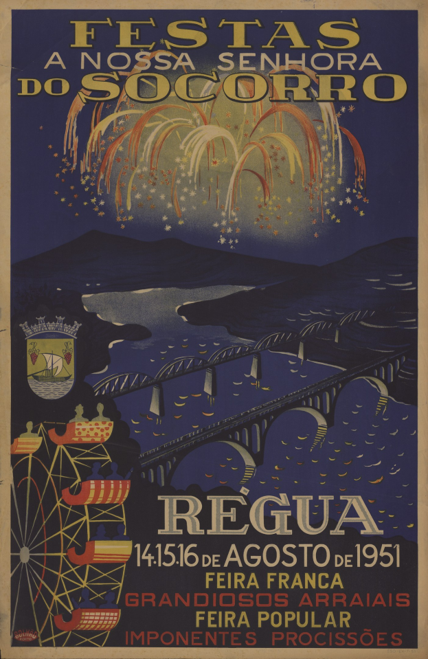 Buntes Festivalplakat in Brasilien mit einer Brücke, Wasser, Hüllen und Feuerwerk, mit Text.