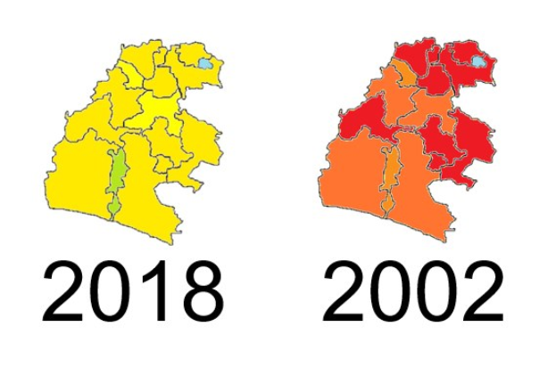 Eine weiße Deutschlandkarte mit den Provinzen von 2018 und 2002 in Gelb, Rot und Orange hervorgehoben, mit etwas Text im Hintergrund.