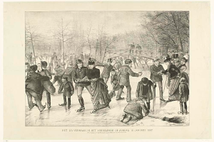 Eine Gruppe von Menschen, die auf einer Eisbahn in einem Park Schlittschuh läuft, mit Bäumen und einer Brücke im Hintergrund und Text unten, der 'Het us-vermaak in het vondelpark op zondag 10 januari 1887' liest.