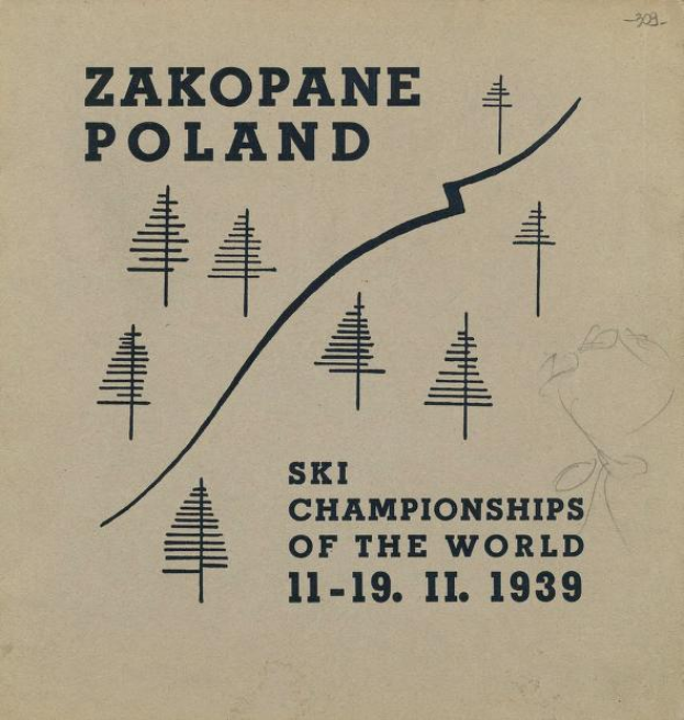 Ein Buchumschlag mit der Aufschrift "Zakopane Polen Ski-Weltmeisterschaften 1939" mit einer Illustration eines Skiers in einem hellgelben Anzug, der eine schneebedeckte Abfahrt hinuntersaust und einen Skistock hält, vor einem tiefblauen Himmel mit fallenden Schneeflocken.