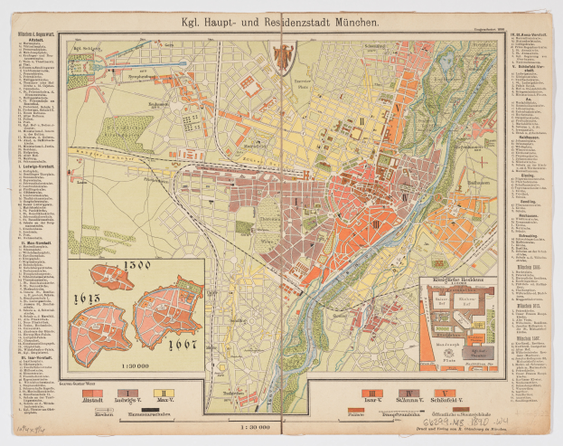 Ein alter Stadtplan von München, Deutschland aus dem Jahr 1849, detailliert mit Text und Zahlen, der einen umfassenden Überblick über das Gebiet bietet.