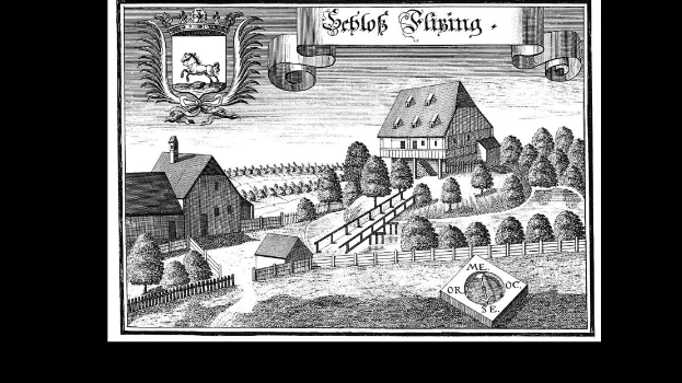 Schwarz-weiß-Zeichnung einer Farm mit Häusern, Bäumen, einem Zaun, Gras und einem Logo mit Text und einem Pferd, wobei der Text 'Seblöf Glising, das erste Haus in Deutschland' lautet.