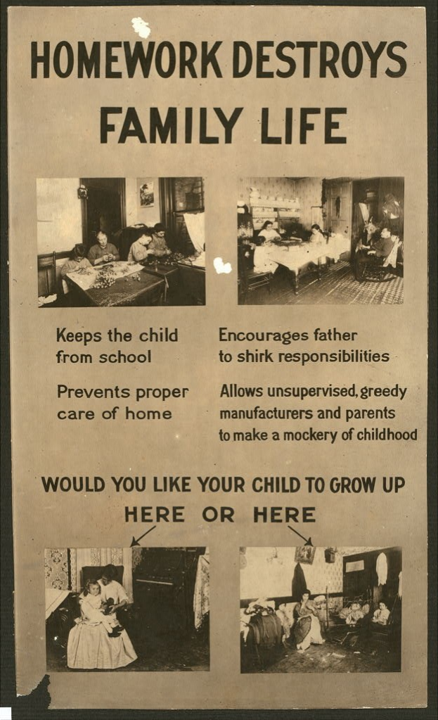 Plakat mit der Aufschrift "Hausaufgaben zerstören das Familienleben" mit einer vielseitigen Gruppe von entschlossenen Menschen, die nach vorne schauen und den Text unterstützen.