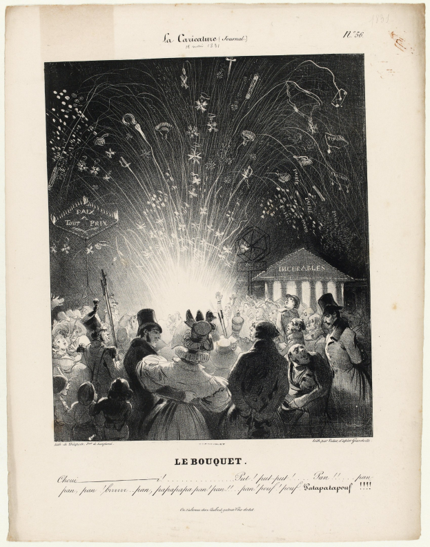 Schwarz-weiß-Zeichnung einer Menge vor einem Gebäude mit Feuerwerk am Himmel und Text unten.