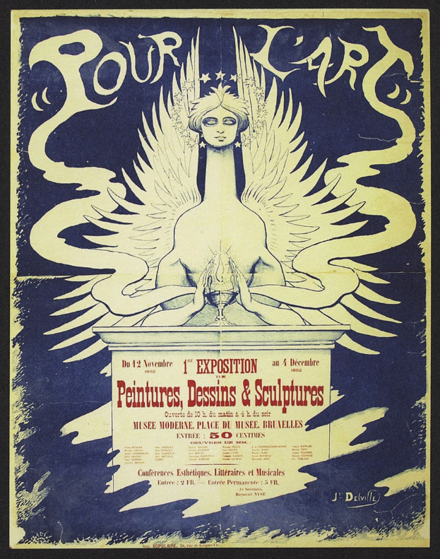 Ein Konzertplakat, das eine Frau mit Flügeln zeigt, die ein langes Kleid trägt und die Arme ausbreitet, mit einem friedlichen Ausdruck vor einem tiefblauen Hintergrund mit Sternen und einem Halbmond.