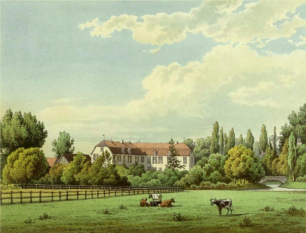 Ein Bild von Kühen, die auf einer Wiese mit einem Holzzaun, Bäumen, Gebäuden mit Fenstern, einer Brücke und einem bewölkten Himmel im Hintergrund grasen, mit der Beschriftung 'Kühe auf der Weide in Wiesbaden, Deutschland'.