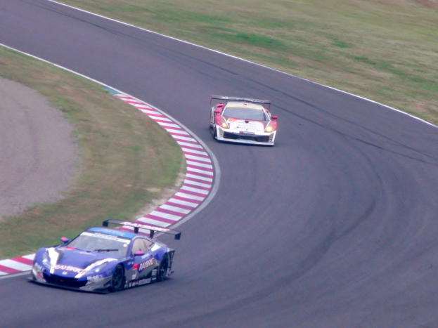Zwei bunt lackierte Sportwagen auf einer kurvenreichen Strecke, wobei einer leicht vorne ist, umgeben von Gras.