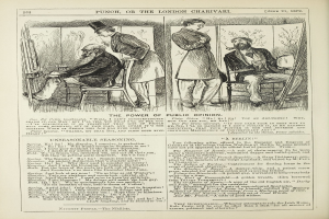 Ein altes Buch mit einer Illustration eines Mannes in einem Anzug, der in einem Stuhl sitzt und einen nachdenklichen Ausdruck hat, und einer Frau, die neben ihm steht, mit der Überschrift "Die Macht der öffentlichen Meinung".