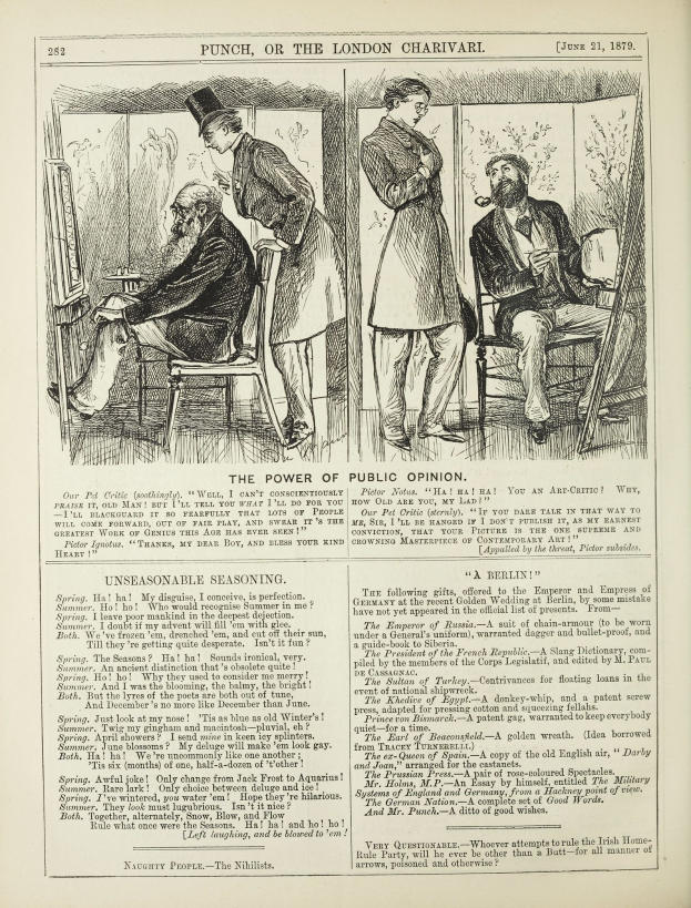 Ein altes Buch mit einer Illustration eines Mannes in einem Anzug, der in einem Stuhl sitzt und einen nachdenklichen Ausdruck hat, und einer Frau, die neben ihm steht, mit der Überschrift "Die Macht der öffentlichen Meinung".