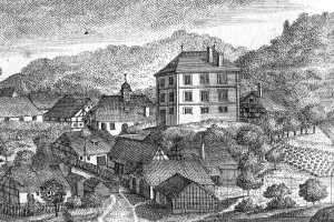 Ein Schwarz-Weiß-Zeichnung einer kleinen Stadt in Bayern im 19. Jahrhundert, das eine zentrale Kirche, umgebende Häuser, Bäume und einen Himmel zeigt, mit dem Text "Bayern im 19. Jahrhundert" unten.