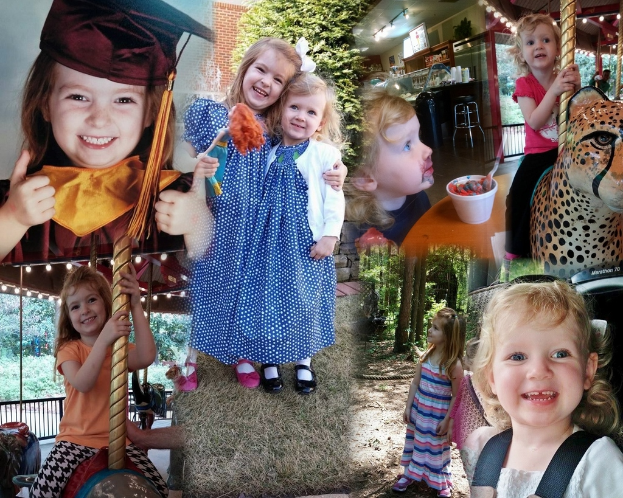 Ein Collage-Bild mit Vergnügungspark-Fahrgeschäften, einem Tisch mit Lebensmitteln, Besteck und verschiedenen Gegenständen vor einem Hintergrund aus Grünpflanzen und Lichtern.