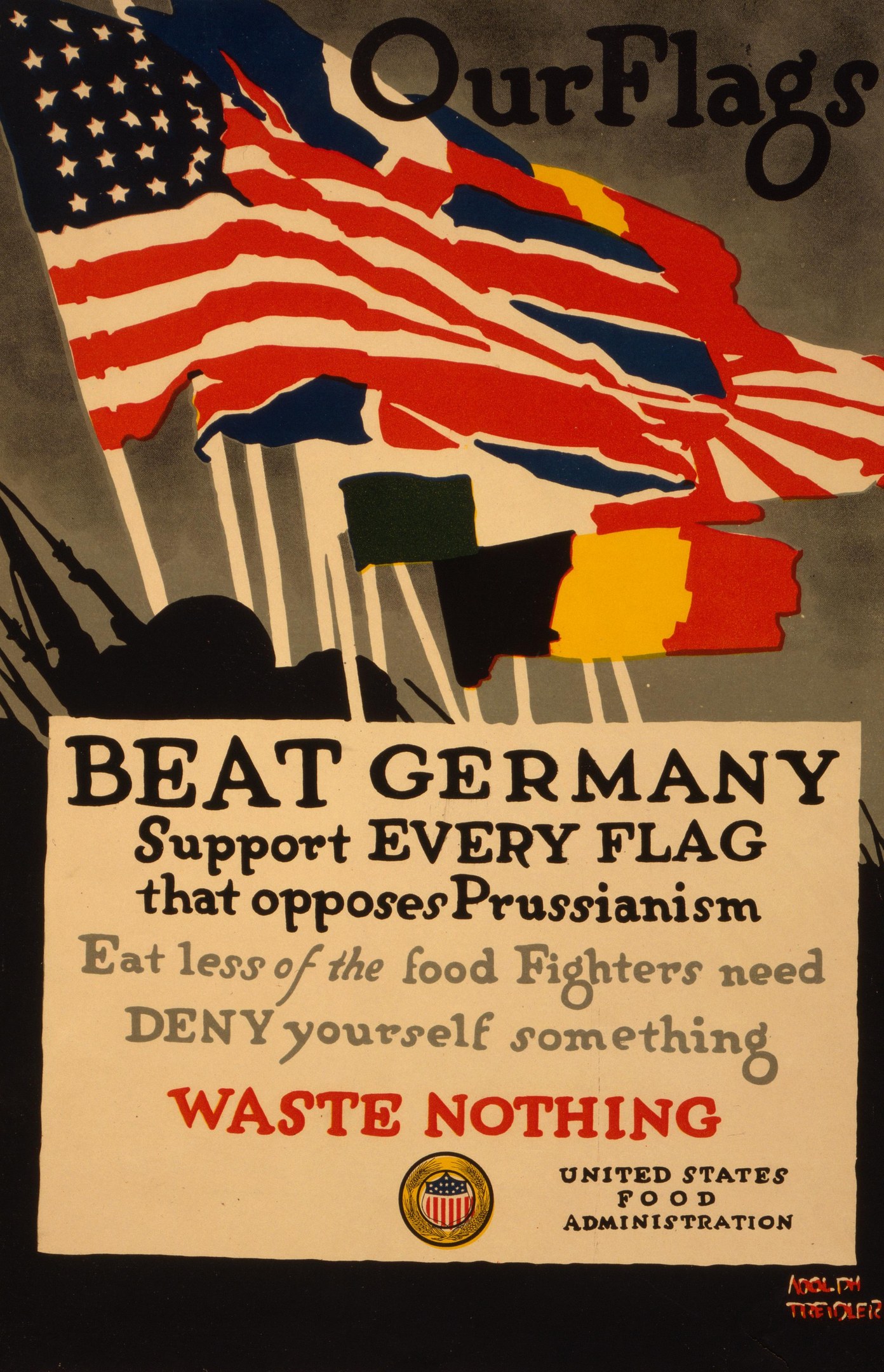 Plakat mit einer roten, weißen und blauen Flagge mit einem weißen Stern und schwarzer, fetter Schrift, die "Unsere Flaggen schlagen Deutschland - Unterstützt jede Flagge, die gegen Preußentum kämpft" lautet, und einem weißen Rand.