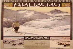 Ein Plakat, das einen Wintersport in den österreichischen Alpen bewirbt, zeigt eine Person auf Skiern umgeben von Bildern von Menschen und Bergen mit Text.