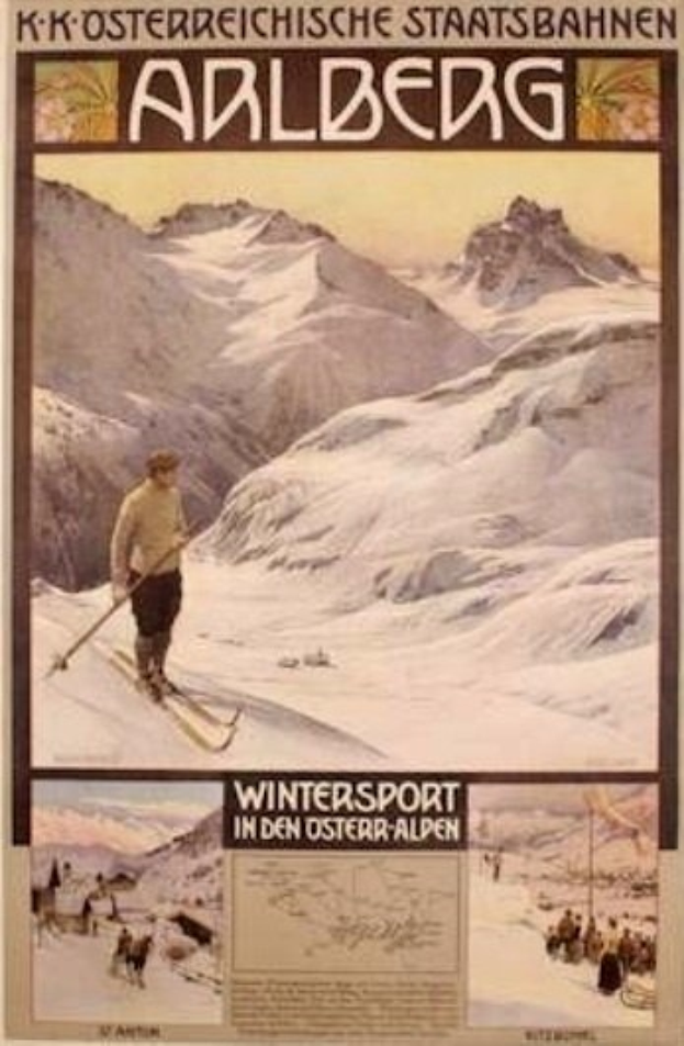 Ein Plakat, das einen Wintersport in den österreichischen Alpen bewirbt, zeigt eine Person auf Skiern umgeben von Bildern von Menschen und Bergen mit Text.