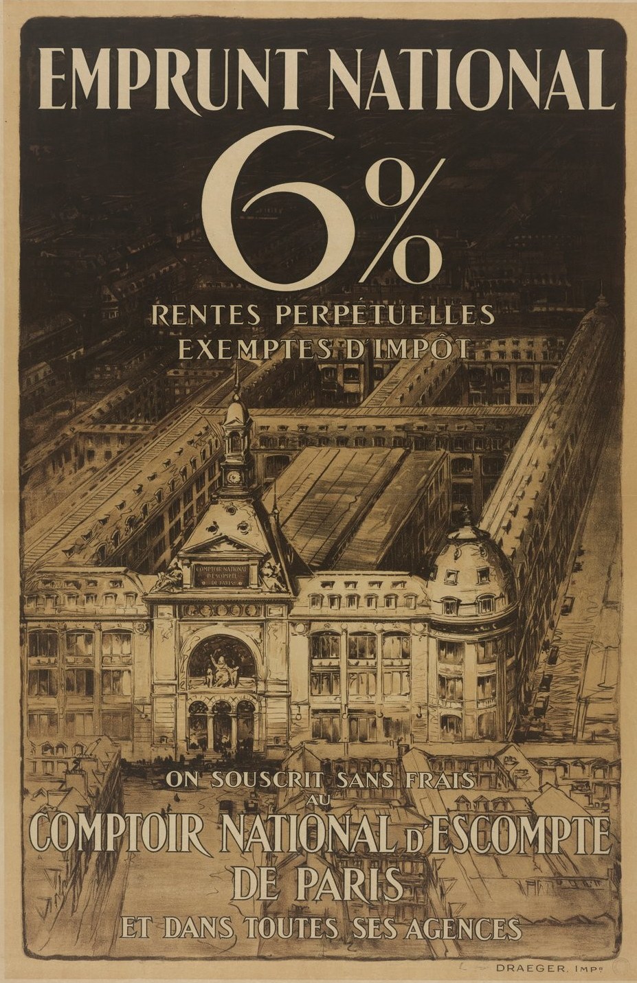 Plakat mit einem zweistöckigen weißen Gebäude mit rotem Dach, das eine zentrierte schwarze Schrift zeigt, die "emprunt national 6% - rentes perpetuelles exemptes impot" auf einem hellblauen Hintergrund liest.