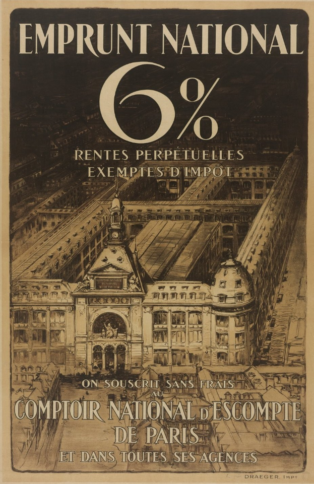 Plakat mit einem zweistöckigen weißen Gebäude mit rotem Dach, das eine zentrierte schwarze Schrift zeigt, die "emprunt national 6% - rentes perpetuelles exemptes impot" auf einem hellblauen Hintergrund liest.